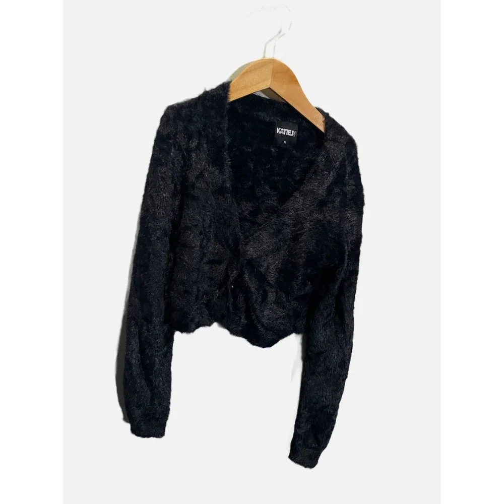 Katie J NYC Faux Fur Cardigan Girls‎ Size M Black Cropped Cozy Glam Party Wear